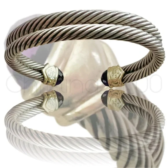 14k David Yurman VINTAGE amethyst double strand stacked cable cuff bracelet - Picture 6 of 9